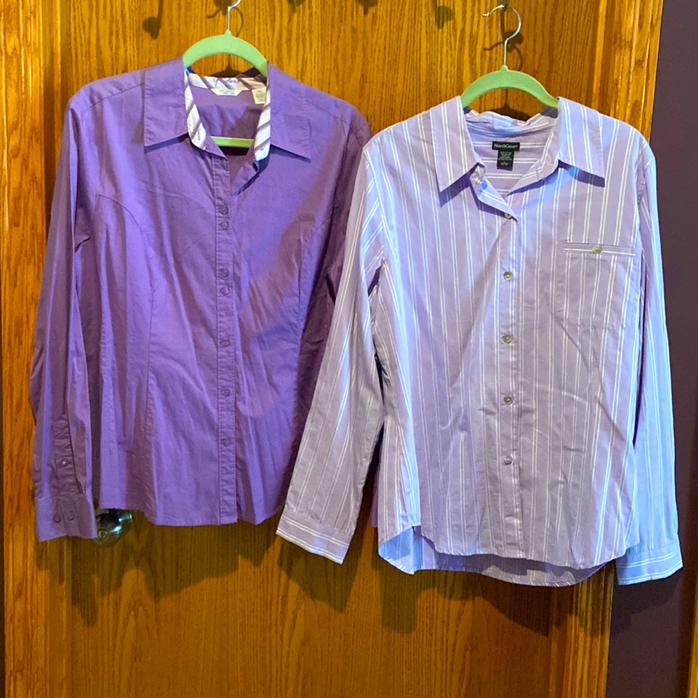 Two button down shirts, one size L, purple striped. The other size XL, purple.